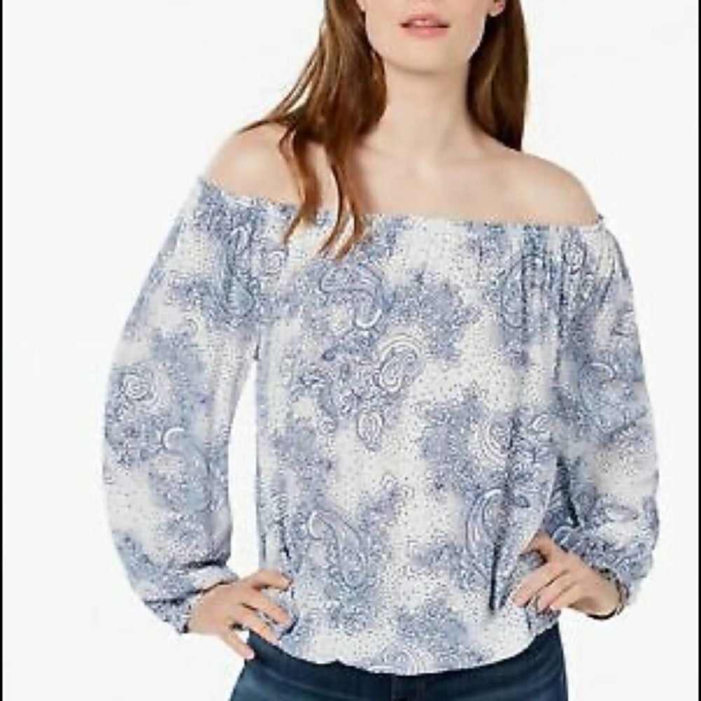 TOMMY HILFIGER Blue Paisley Long Sleeve Off Shoulder Top  Size Medium